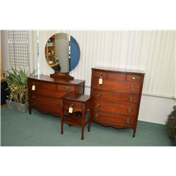 Three piece mahogany Regency style bedroom suite including mirrored dresser, five drawer highboy and