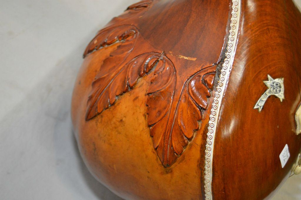 Large antique Indian Maraj sitar with hollow neck and gourd, inlaid