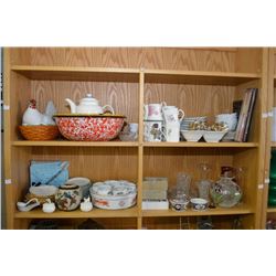 Two shelf lots of collectibles including German turtle motif demitasses and saucers, Oriental vase,