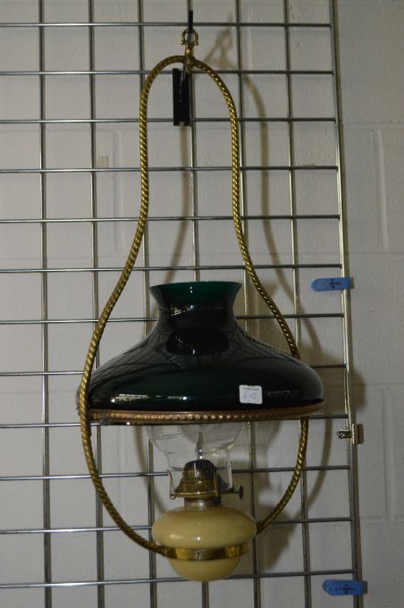 Antique Hanging Oil Lamp With Milk And Cased Green Glass Shade