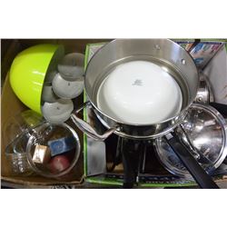 TWO BOXES OF POTS AND PANS AND KITCHEN ITEMS