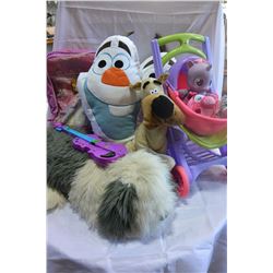 LOT OF KIDS TOYS OLAF PILLOWS AND STROLLER