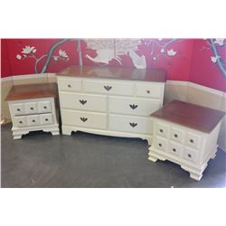 VILAS MAPLE 7 DRAWER DRESSER AND TWO NIGHTSTANDS