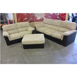 BEIGE MICROFIBRE AND LEATHER SOFA LOVESEAT AND OTTOMAN