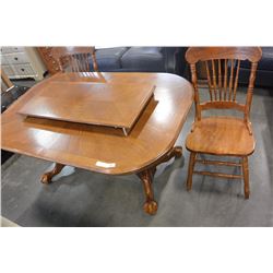 OAK TRESTLE BASE TABLE WITH LEAF AND TWO PRESSBACK CHAIRS
