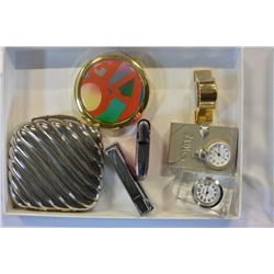 3 MINIATURE DESK CLOCKS LIGHTERS AND VANITY CASES