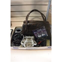 TRAY OF BELTS AND TOOLED LEATHER PURSE AND BEADED SILK