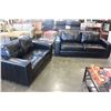 Image 1 : TWO PIECE BUTTON BACK BLACK LEATHER SOFA AND LOVESEAT SET