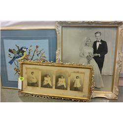 NEEDLEPOINT PICTURE AND TWO VINTAGE FRAMED PICTURES