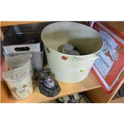 BEER AD TRAY METAL BUCKET AND DECORATIVE ITEMS
