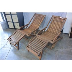 TWO TEAK FOLDING PATIO LOUNGE CHAIRS, WITH FOOTREST