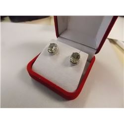 EARRINGS - GREEN AMETHYST & DIAMONDS IN STERLING SILVER SETTING - ESTIMATES RETAIL $300