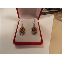 EARRINGS - NEW ORANGE BALTIC AMBER IN STERLING SILVER SETTING - SHEPHARD HOOKS - RETAIL ESTIMATE $35