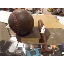 DECORATIVE BASEBALL AND BAT WITH DISPLAY STAND- TEAK 1997