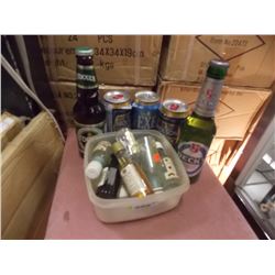 SEALED BOTTLES FOR ALCOHOL - CONTENTS UNVERIFIED-6 PC TTL-BUCKET OF MIN BOTTLES- CANS- BOTTLES