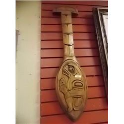 VINTAGE HAIDA CARVED PADDLE - HAIDA BEAR & SALMON - 36" LONG - WADHAMS, KWAKUITI ' 92