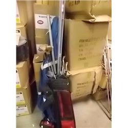 GOLF BAG, CURLING BAG & 2 CURLING BROOMS