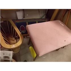 LOT - UPHOLSTERED STOOL - PINK, PICTURES, TAPES CD'S &  WOOD MAGAZINE RACK