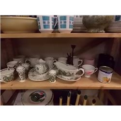 SHELF LOT OF COLLECTABLES - DISHWARE AND MORE