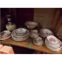 SHELF LOT ASSORTED CHINA PLATES AND MORE