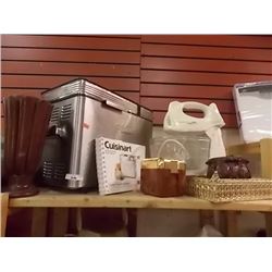 SHELF OF BREAD MAKER, MIXER & DISHES