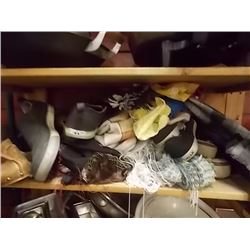 SHELF LOT OF SHOES, SLIPPERS SKATES SCARFFS