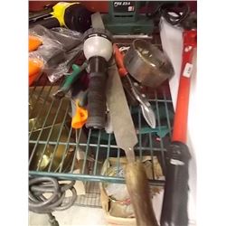 LOT OF TOOLS, GARDEN HOSE NOZEL, FILE TIN SNIPS & MORE