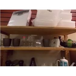 SHELF LOT OF GLASSES, TEA POT, ALARM CLOCK
