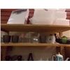 Image 1 : SHELF LOT OF GLASSES, TEA POT, ALARM CLOCK