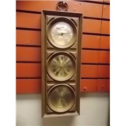 RETRO WOOD FRAMED BAROMETER, CLOCK AND TEMPERATURE GAUGE