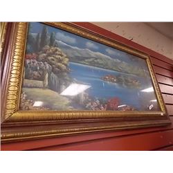 GOLD FRAMED PICTURE -ISLAND IN THE LAKE - 33" X 19
