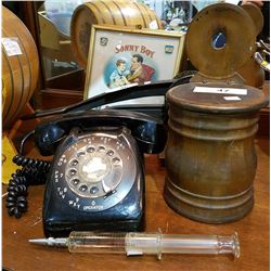 ROTARY TELEPHONE, SALT CELLAR, VINTAGE GLASS SYRINGE