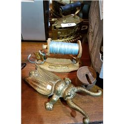 BRASS SHOE HORN, BRASS IRON ON TRIVET, CAST IRON RIBBON DISPENSER