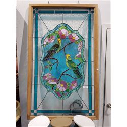 BEAUTIFUL STAINED GLASS WINDOW W/2 PARROTS 60.5" X 36.5"