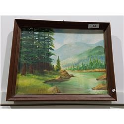 OIL ON BOARD SIGNED M. DAWSON CHILLIWACK RIVER SCENE APPROX 24" X 18"