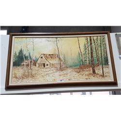 OIL ON CANVAS SIGNED K DUMAS FARM SCENE APPROX 48" X 24"