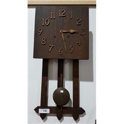 ARTS & CRAFTS OAK WALL CLOCK HAS PENDULUM BUT NO KEY