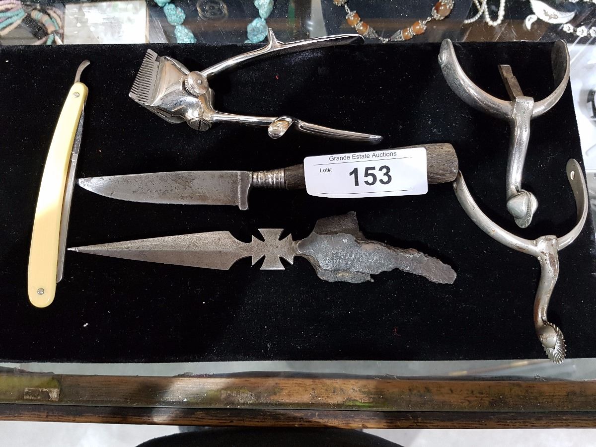 Spurs Razor PAIR OF SPURS, VINTAGE CLIPPERS, STRAIGHT RAZORS & TRENCHART LETTER OPENER
