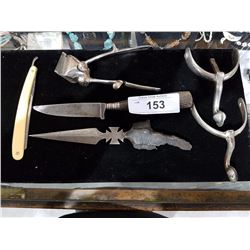 PAIR OF SPURS, VINTAGE CLIPPERS, STRAIGHT RAZORS & TRENCHART LETTER OPENER
