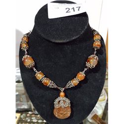 STERLING SILVER NECKLACE W/ ASIAN CARVED STONE PENDANT