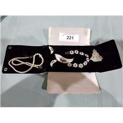 AUTHENTIC PEARL NECKLACE, ENAMEL BRACELET& EARRING SET, RHIMESTONE MONEY CLIP