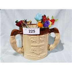 EARLY ENGLISH DRINKING VESSEL W/ FIGURAL HANDLES & ART GLASS SWIZZLE STICKS