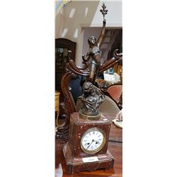 RED MARBLE MANTLE CLOCK W/ BRONZE FIGURINE