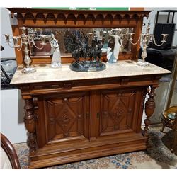 BEAUTIFUL MARBLE TOP SIDEBOARD W/ MIRRORED GALLERY & CARVED FISH ACCENTS