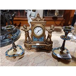 RARE 3 PIECE CHAMPLEV CLOCK MANTLE SET