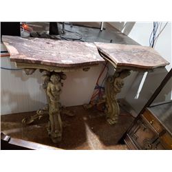 PAIR OF MARBLE TOP HIGHLY CARVED FIGURAL HALL TABLES