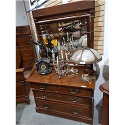 EARLY CANADIANA CARVED OAK FOUR DRAWER DRESSER W/ CHEVAL MIRROR