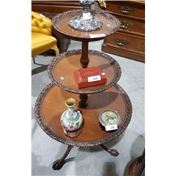 CARVED 3 TIER OCCASIONAL TABLE W/ BALL & CLAW FEET