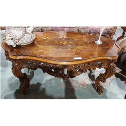 FABULOUS HIGHLY CARVED INLAID COFFEE TABLE W/ GLASS TOP