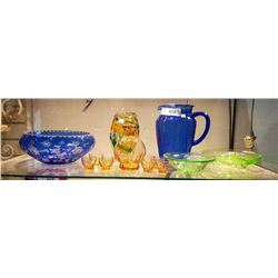 SHELF LOT OF COLLECTIBLE GLASS INC. COBALT DEPRESSION GLASS PITCHER